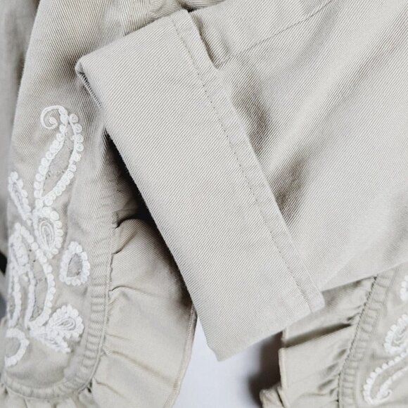 Chico's Sz 1 (Med 8) Jacket Open Front Embroidered Paisley Ruffled Trim Tan - Picture 5 of 7